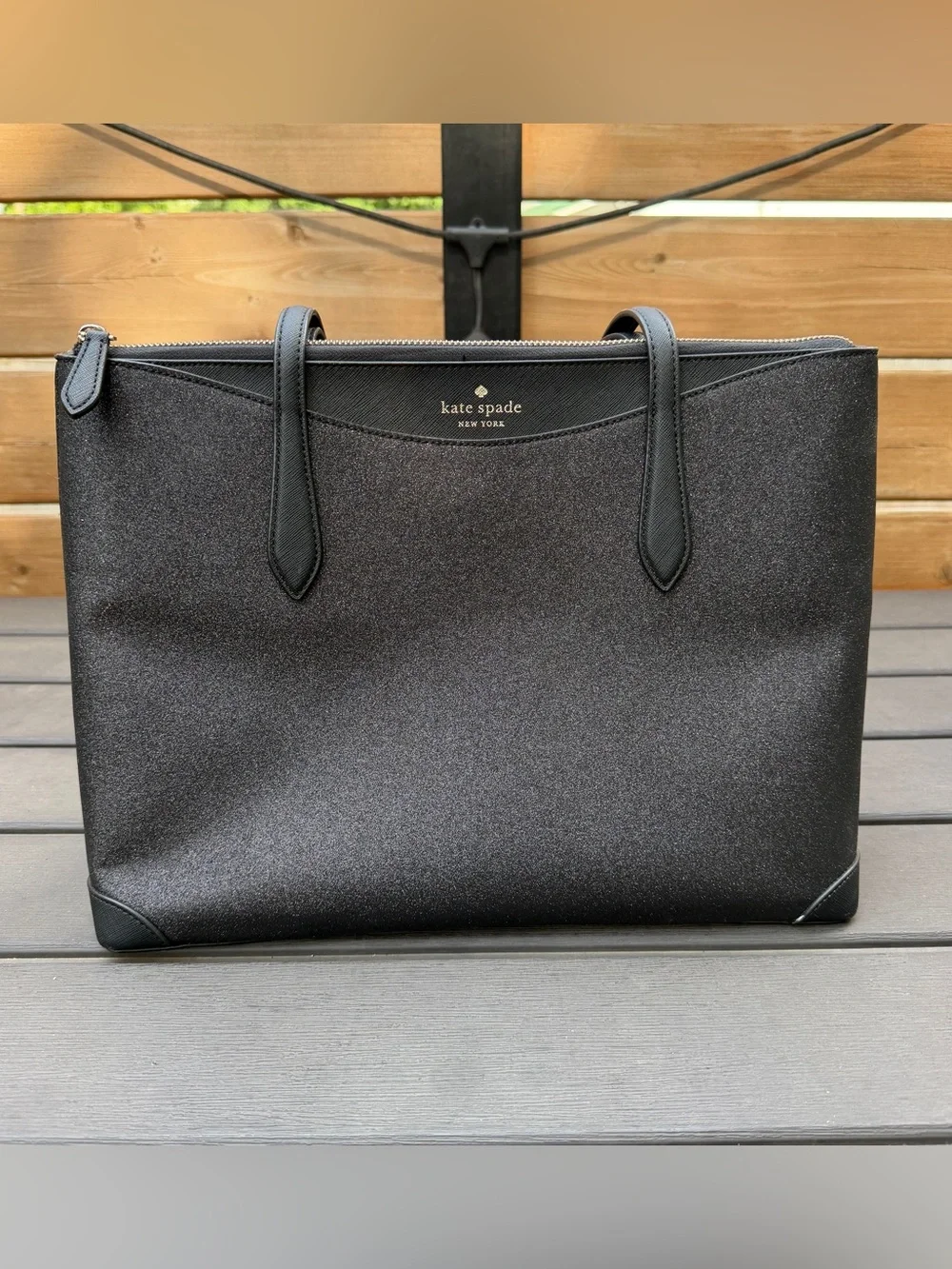 Kate Spade Shimmy Large Tote Black Glitter Zip Top Shoulder Bag Gold Tone